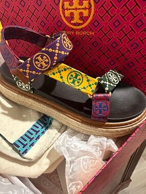 Tory Burch Multicolor Purple, Yellow, Green & Pink Logo Espadrille Sandals